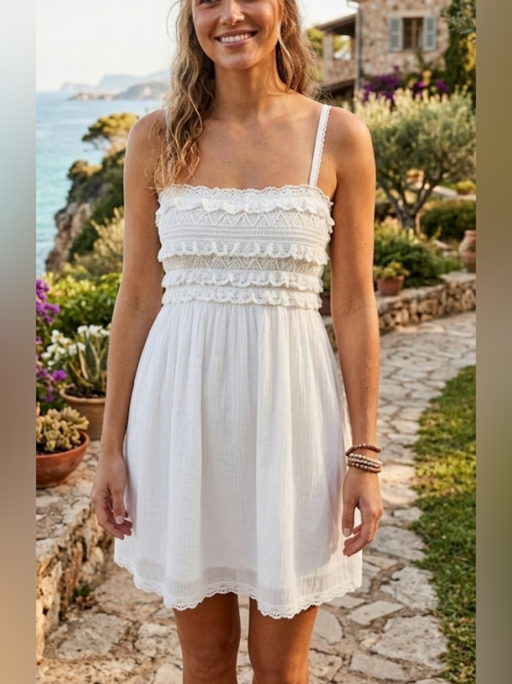 NWT American Eagle White Crochet Tiered Mini Dress Smocked Back Cutout L Boho